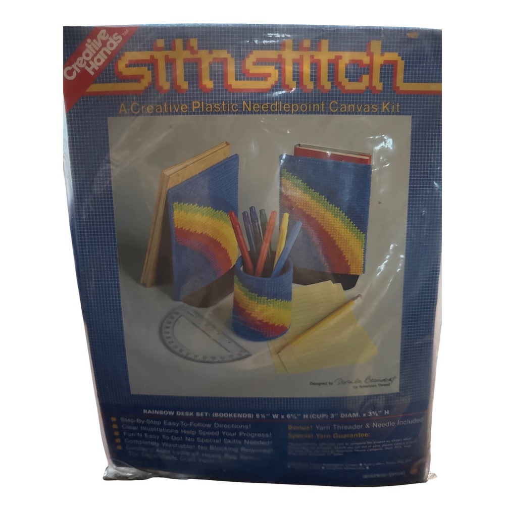 Vintage SitnStitch Rainbow Desk Set Plastic Needlepoint Canvas Kit NOS Unopened